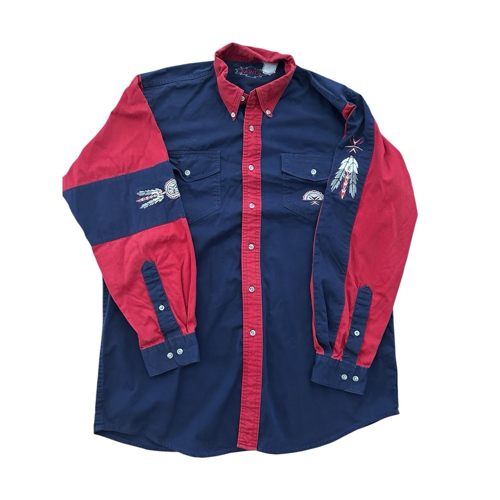 Vintage MWG Western Shirt Mens Blue/Red Embroidered Large